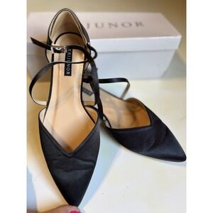Erijunor Pointy Toe‎ Black Dress Shoe Size 7 Womens Strap Buckle Satin Flats